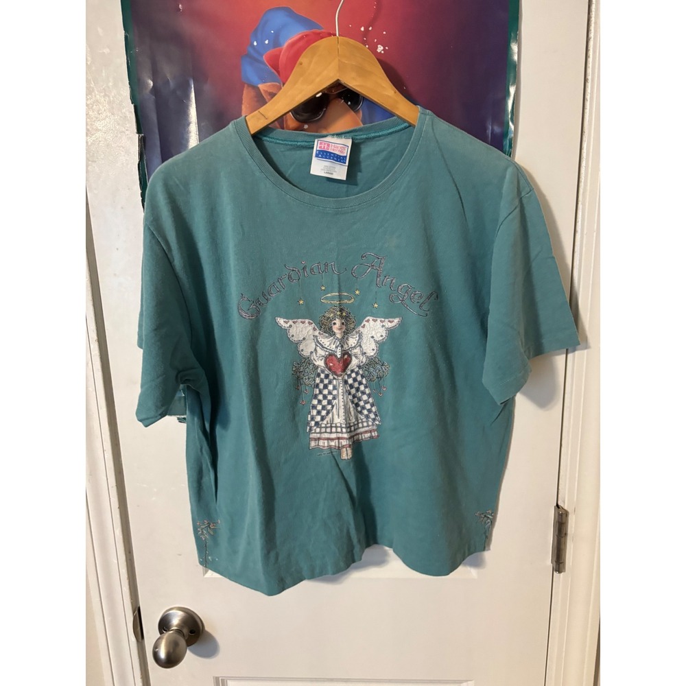 Vintage Hanes Her Way Guardian Angel Graphic T-Shirt Teal Blue Large 90s USA